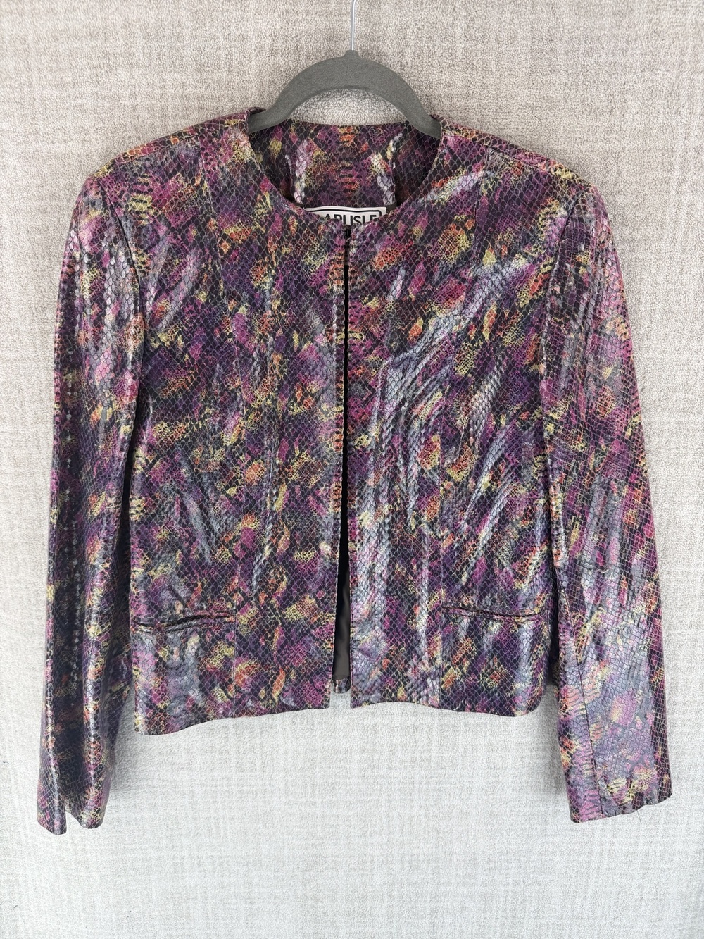 Carlisle Jacket Womens 6 Purple Animal Print Collarless Open Leather Short
